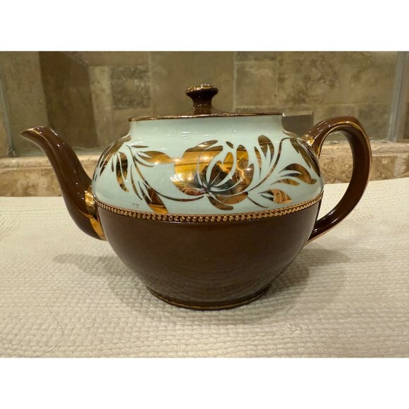Sadler Vintage Ceramic Teapot With Floral Gold Accents & Brown Finish - Picture 1 of 9